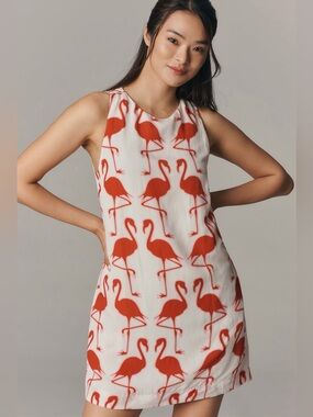 Anthropologie Maeve Linen Blend Shift Mini Dress Flamingo Red Lined Size L